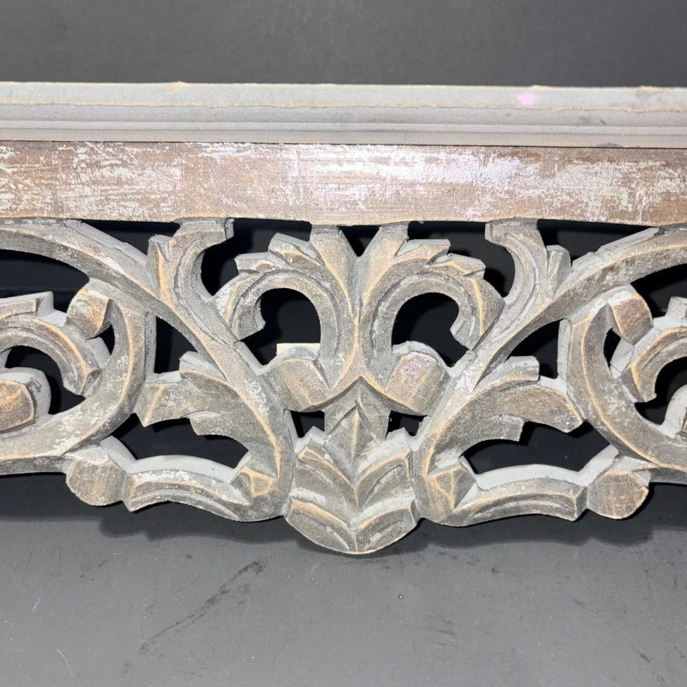 Handcrafted Indian Wood Wall Shelf Ornate Carved Scrollwork Distressed Grey 24in